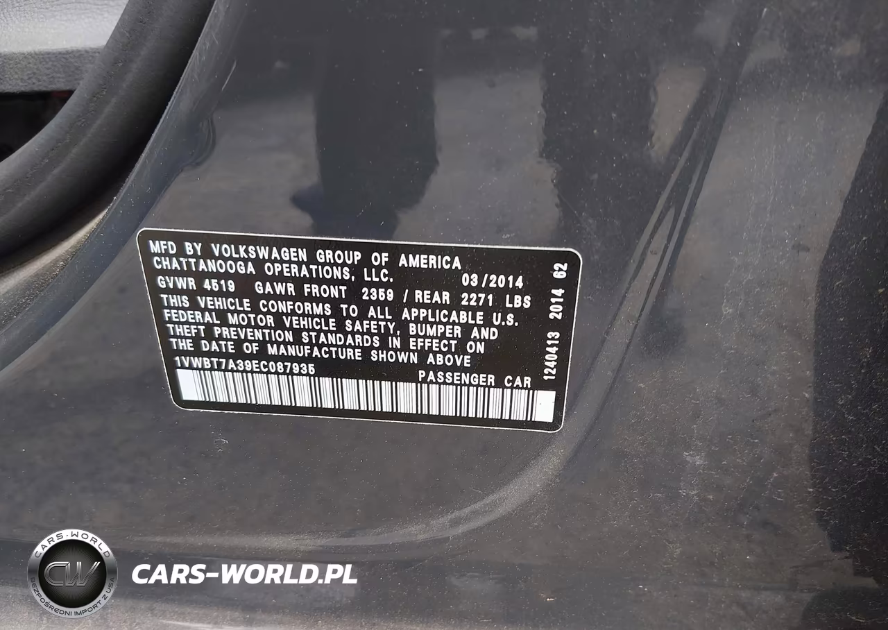 2014 Volkswagen Passat 1.8T Sport VIN:1VWBT7A39EC087935 - 9