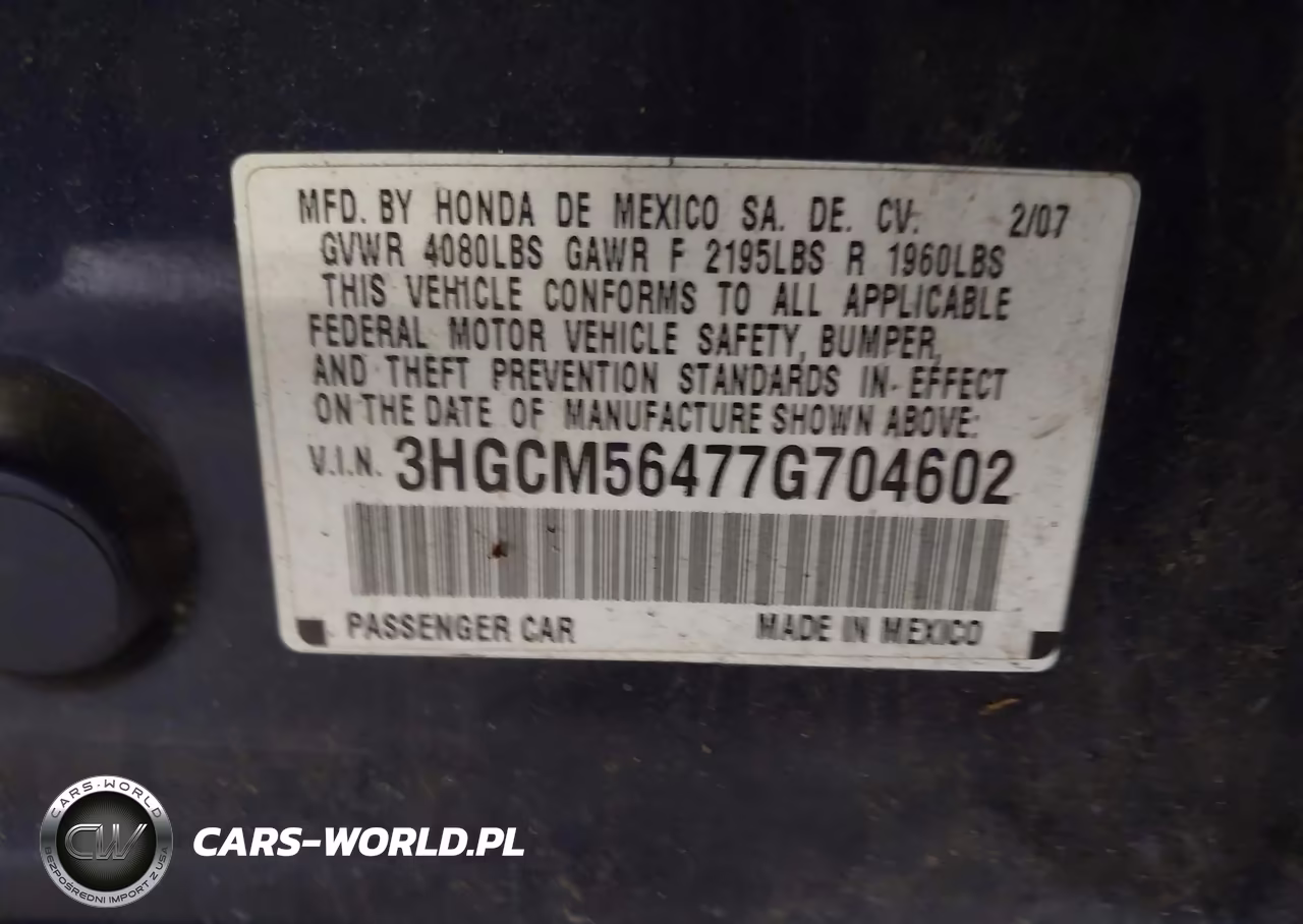 2007 Honda Accord 2.4 Lx VIN:3HGCM56477G704602 - 9