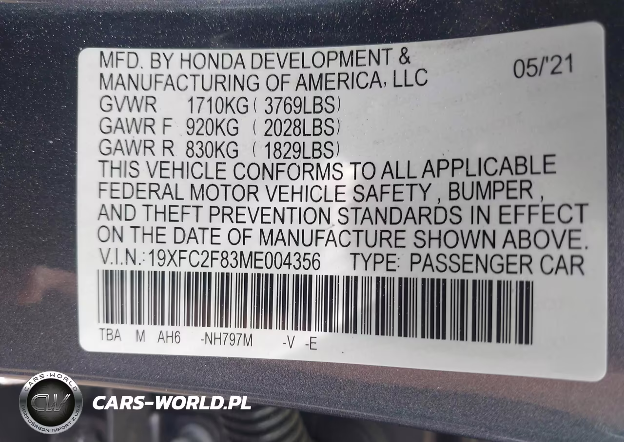 2021 Honda Civic Sport VIN:19XFC2F83ME004356 - 9