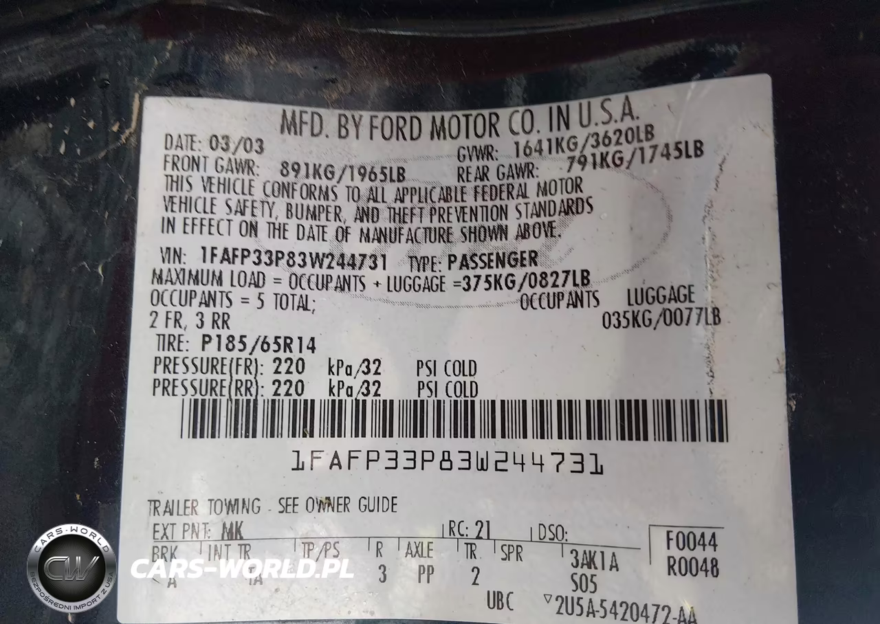 2003 Ford Focus Lx VIN:1FAFP33P83W244731 - 9