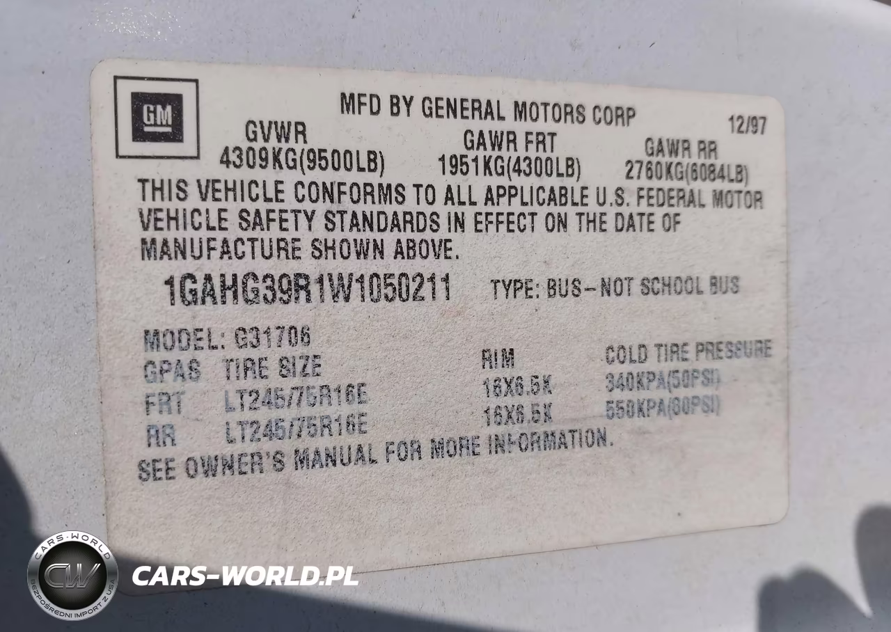 1998 Chevrolet Express Van G3500 VIN:1GAHG39R1W1050211 - 9