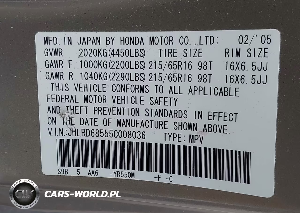 2005 Honda Cr-V Lx VIN:JHLRD68555C008036 - 9