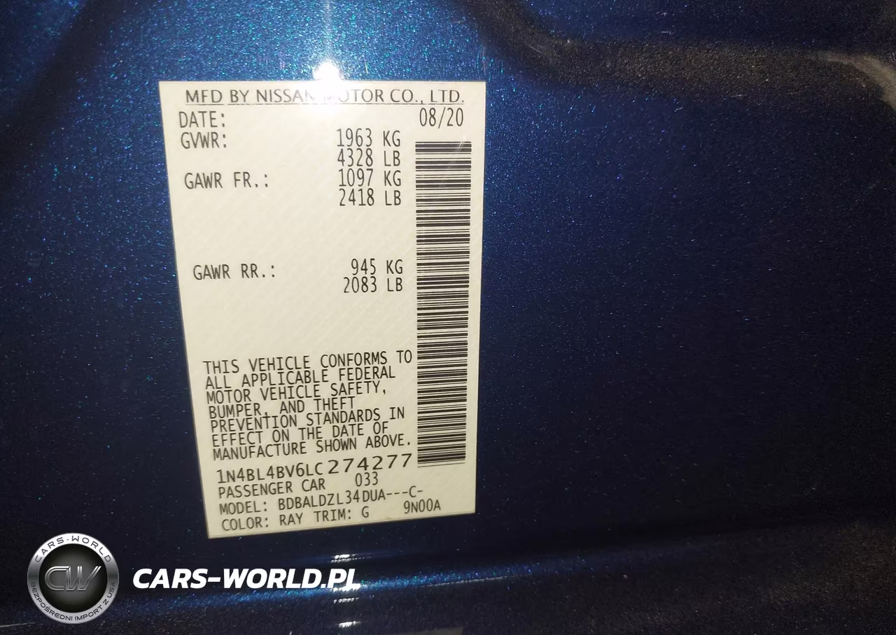 2020 Nissan Altima S Fwd VIN:1N4BL4BV6LC274277 - 9