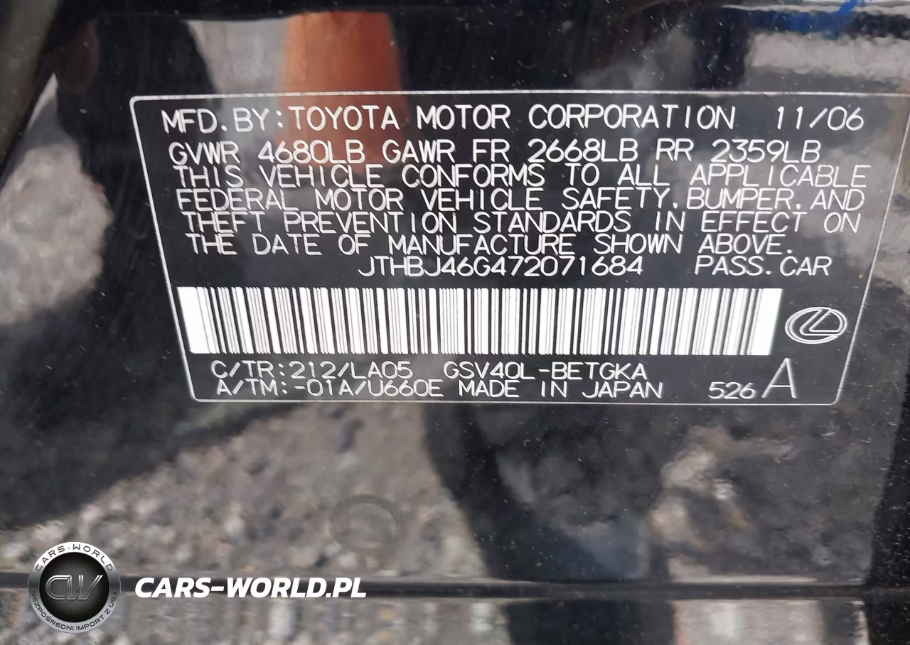 2007 Lexus Es 350 VIN:JTHBJ46G472071684 - 9