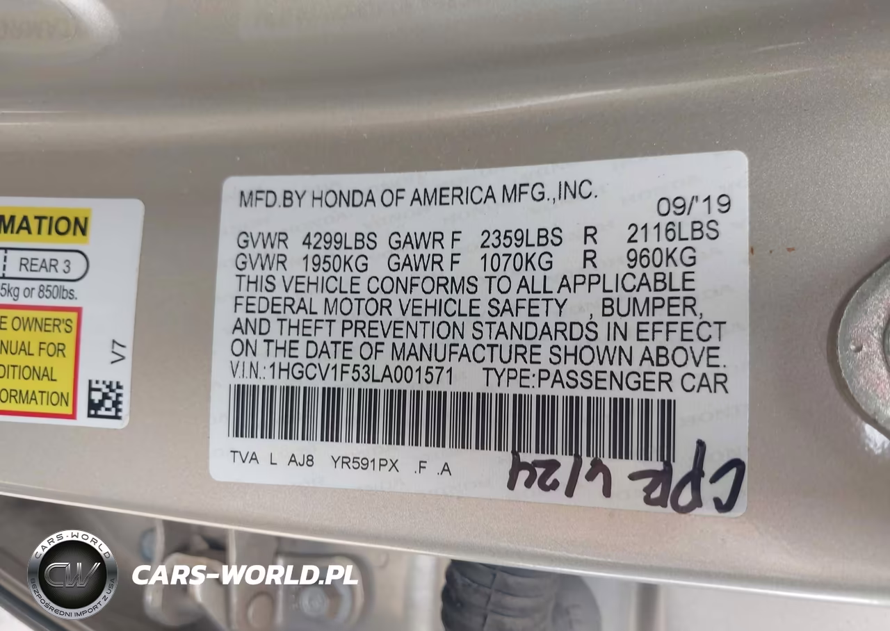 2020 Honda Accord Ex-L VIN:1HGCV1F53LA001571 - 9