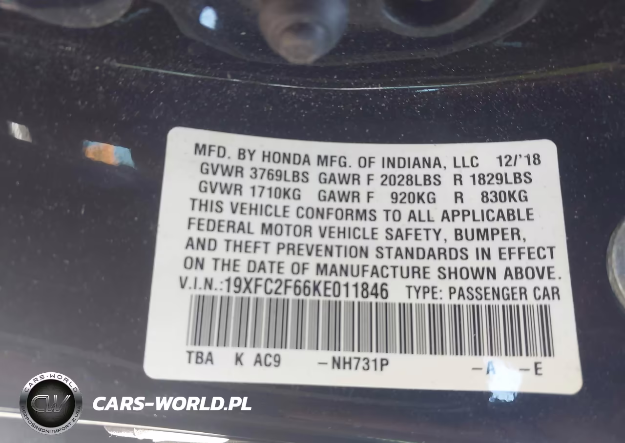 2019 Honda Civic Lx VIN:19XFC2F66KE011846 - 9