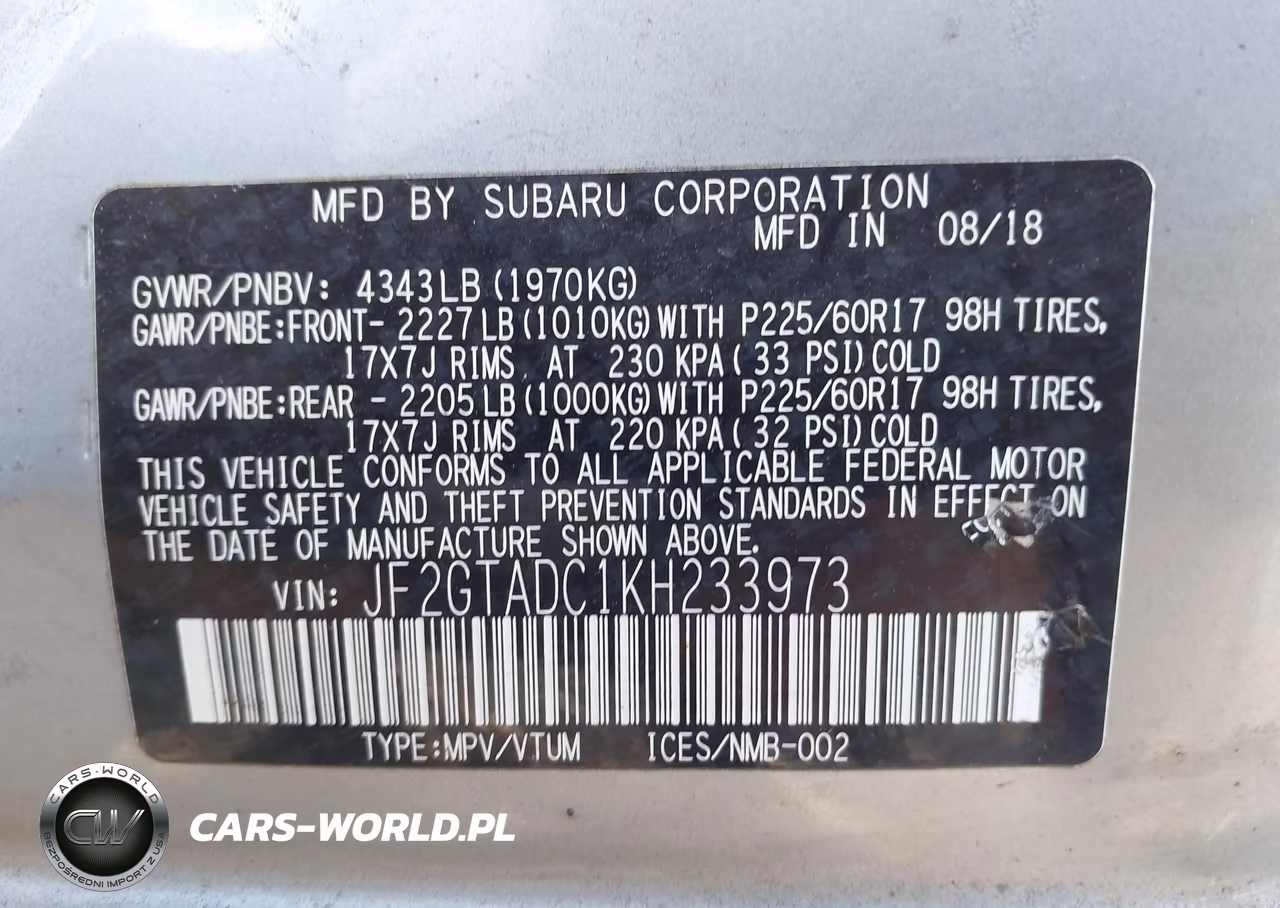 2019 Subaru Crosstrek 2.0I Premium VIN:JF2GTADC1KH233973 - 9