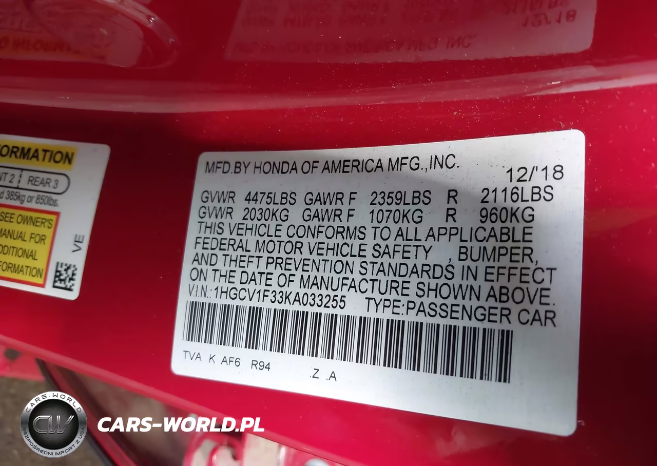 2019 Honda Accord Sport VIN:1HGCV1F33KA033255 - 9