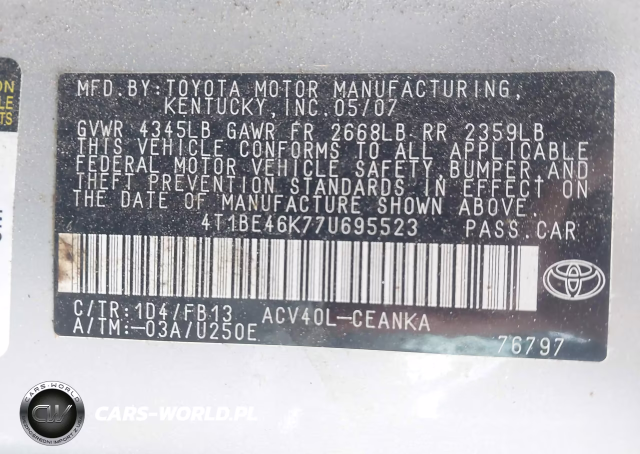 2007 Toyota Camry Le VIN:4T1BE46K77U695523 - 9