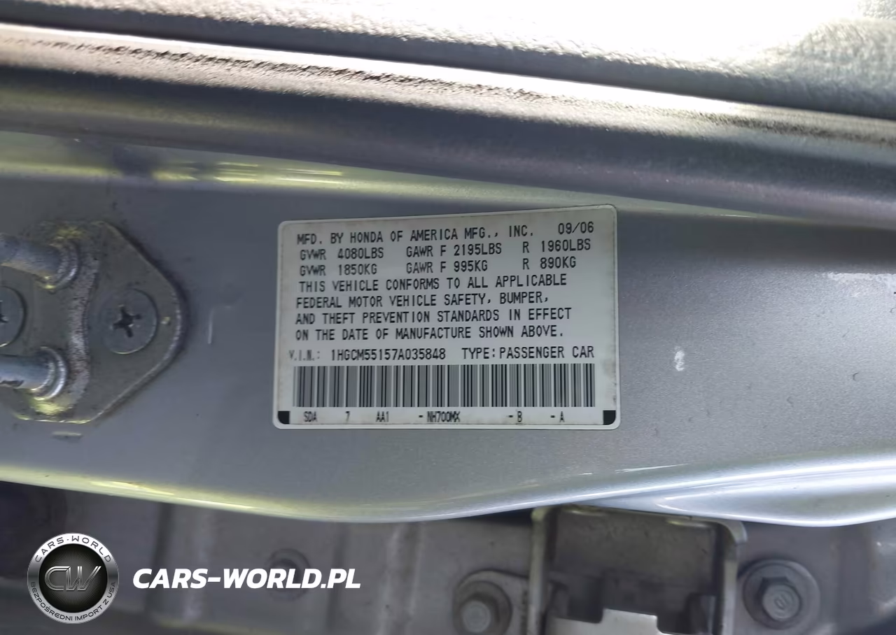 2007 Honda Accord 2.4 Vp VIN:1HGCM55157A035848 - 9