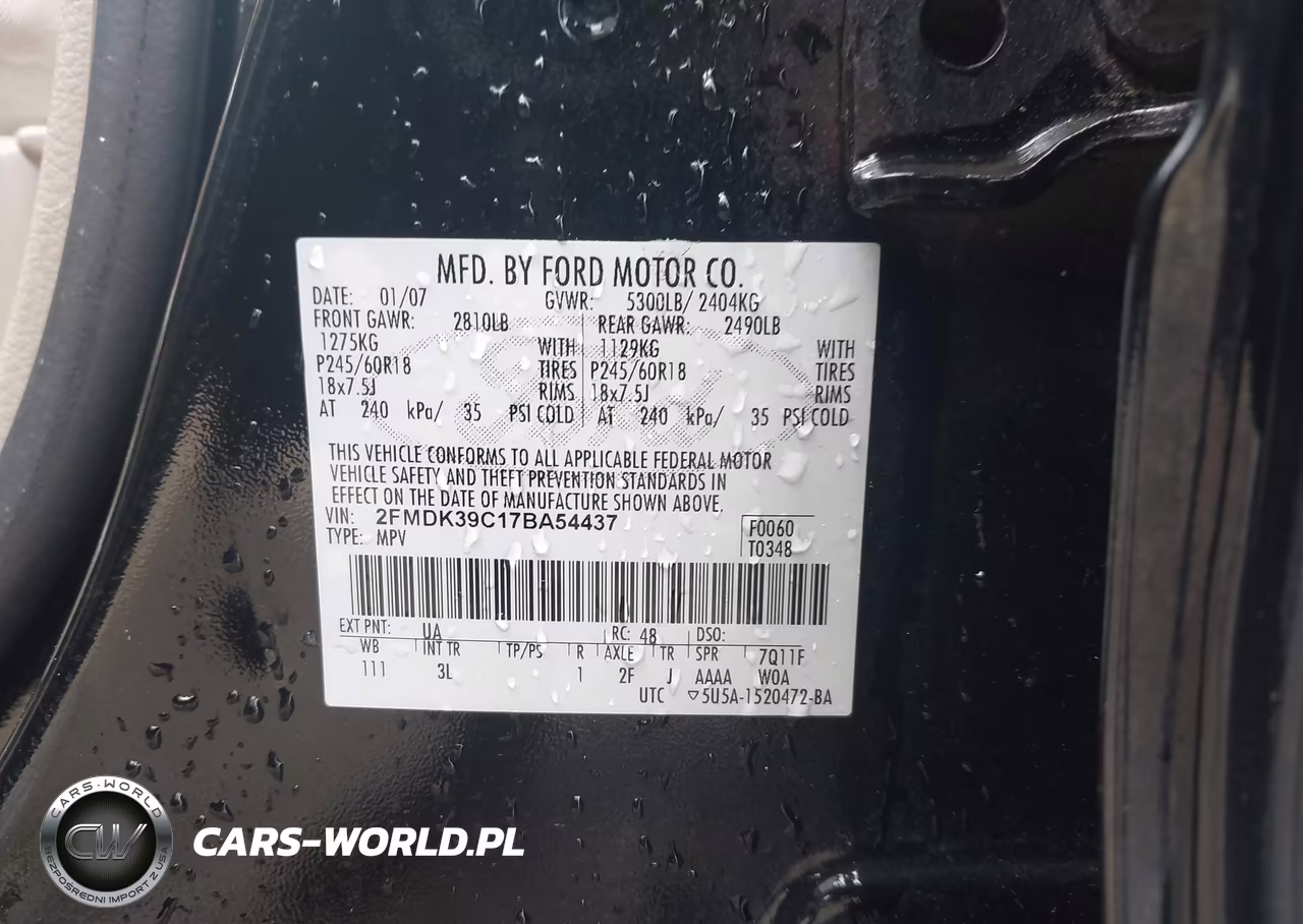 2007 Ford Edge Sel Plus VIN:2FMDK39C17BA54437 - 9