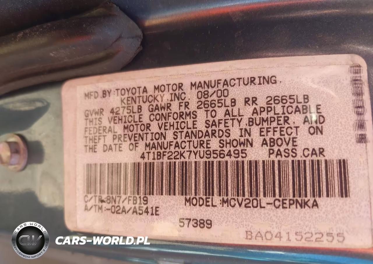 2000 Toyota Camry Le V6 VIN:4T1BF22K7YU956495 - 9