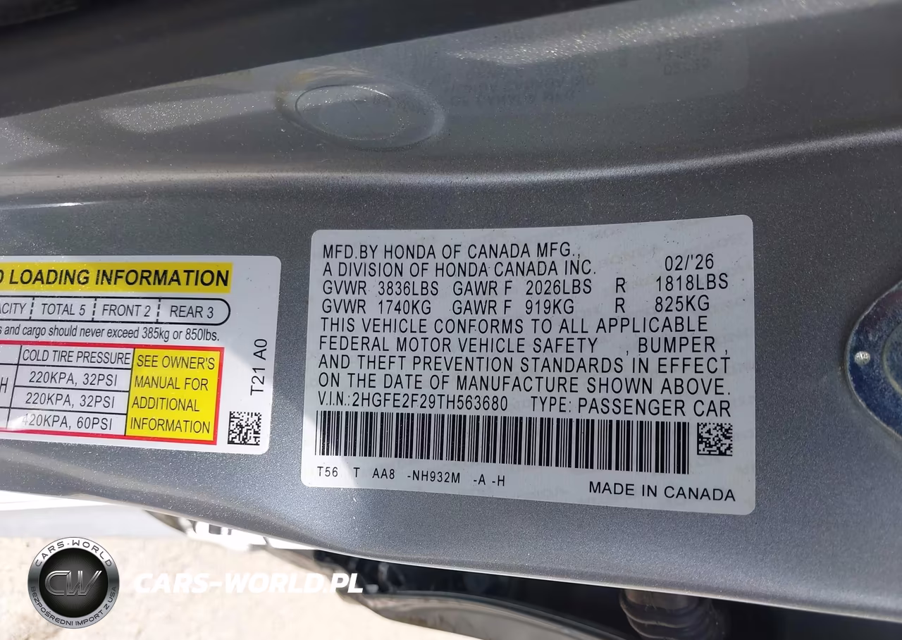2026 Honda Civic Lx VIN:2HGFE2F29TH563680 - 9