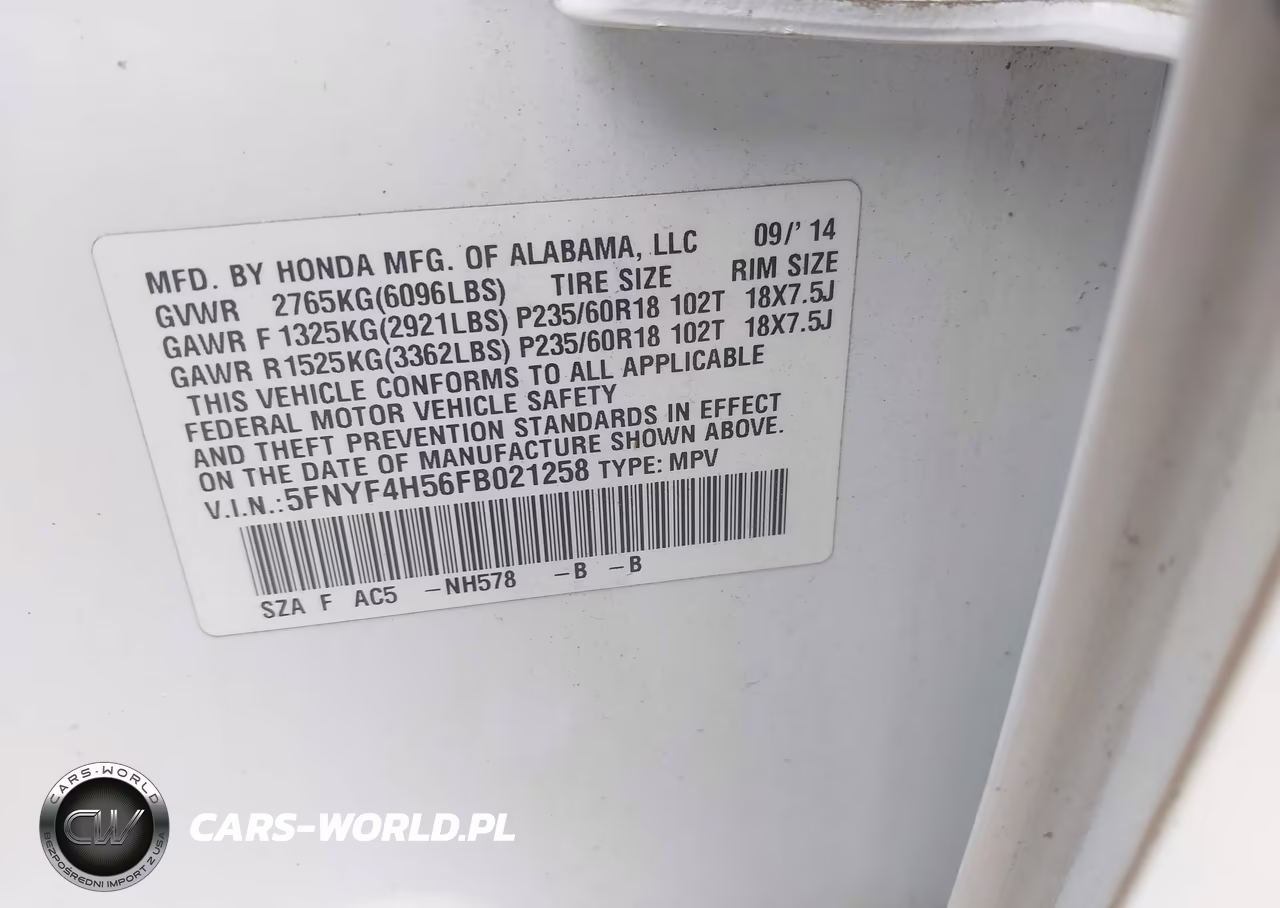 2015 Honda Pilot Ex-L VIN:5FNYF4H56FB021258 - 9
