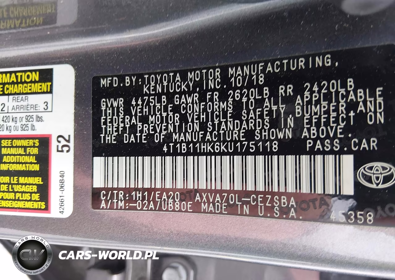 2019 Toyota Camry Se VIN:4T1B11HK6KU175118 - 9