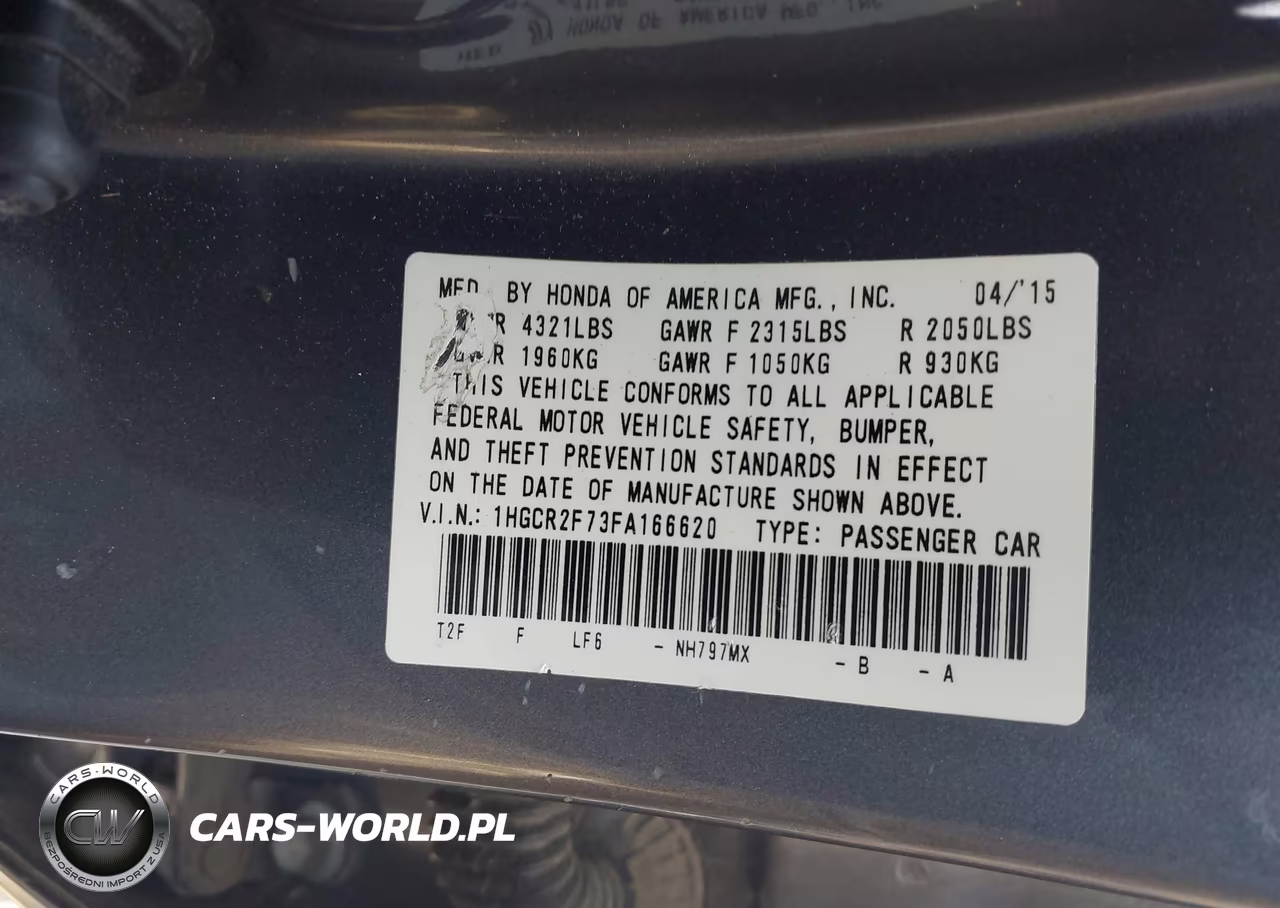 2015 Honda Accord Ex VIN:1HGCR2F73FA166620 - 9