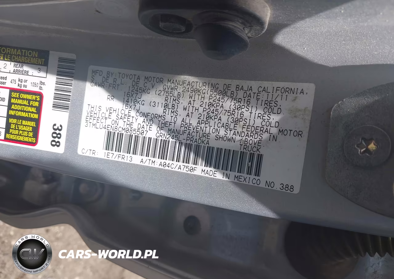 2012 Toyota Tacoma Base V6 VIN:3TMLU4EN8CM085507 - 9
