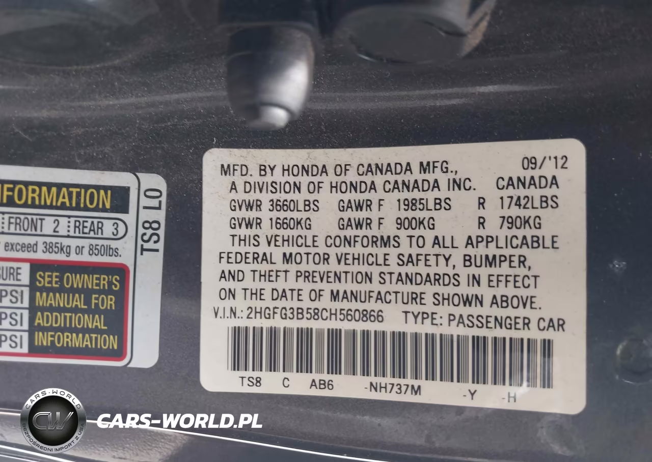 2012 Honda Civic Lx VIN:2HGFG3B58CH560866 - 9