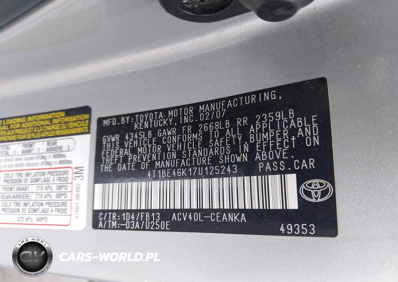 2007 Toyota Camry Le VIN:4T1BE46K17U125243 - 9