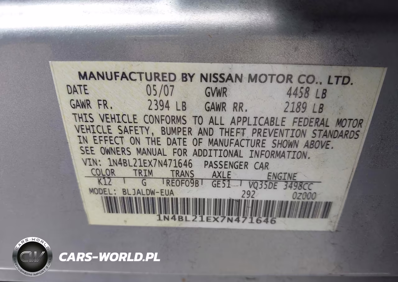 2007 Nissan Altima 3.5 Se VIN:1N4BL21EX7N471646 - 9