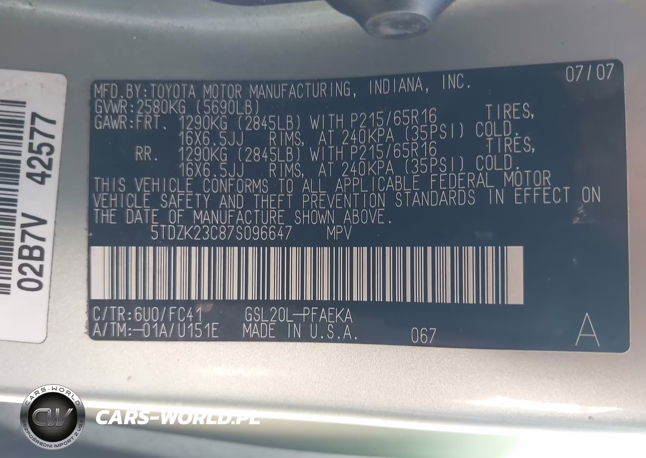 2007 Toyota Sienna Le VIN:5TDZK23C87S096647 - 9