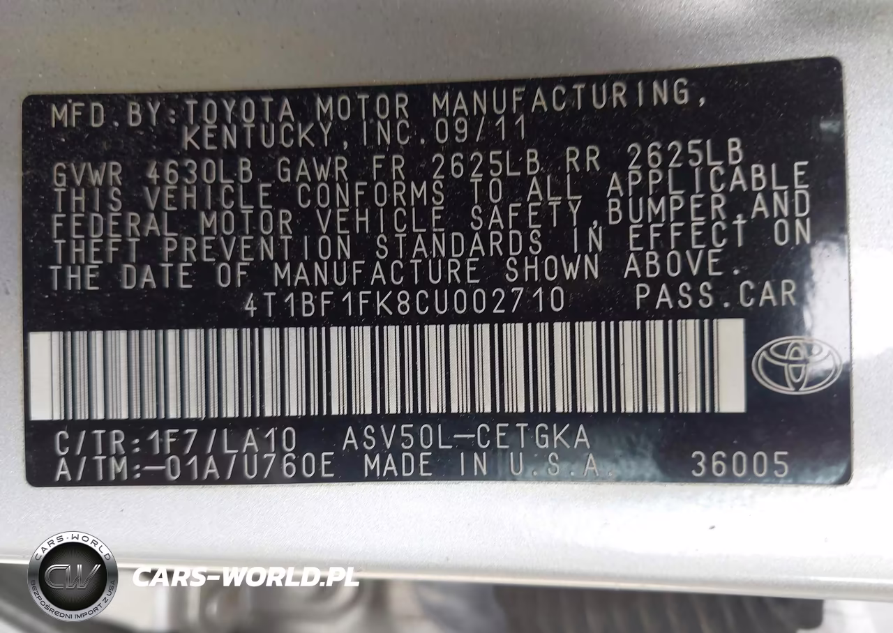 2012 Toyota Camry Xle VIN:4T1BF1FK8CU002710 - 9