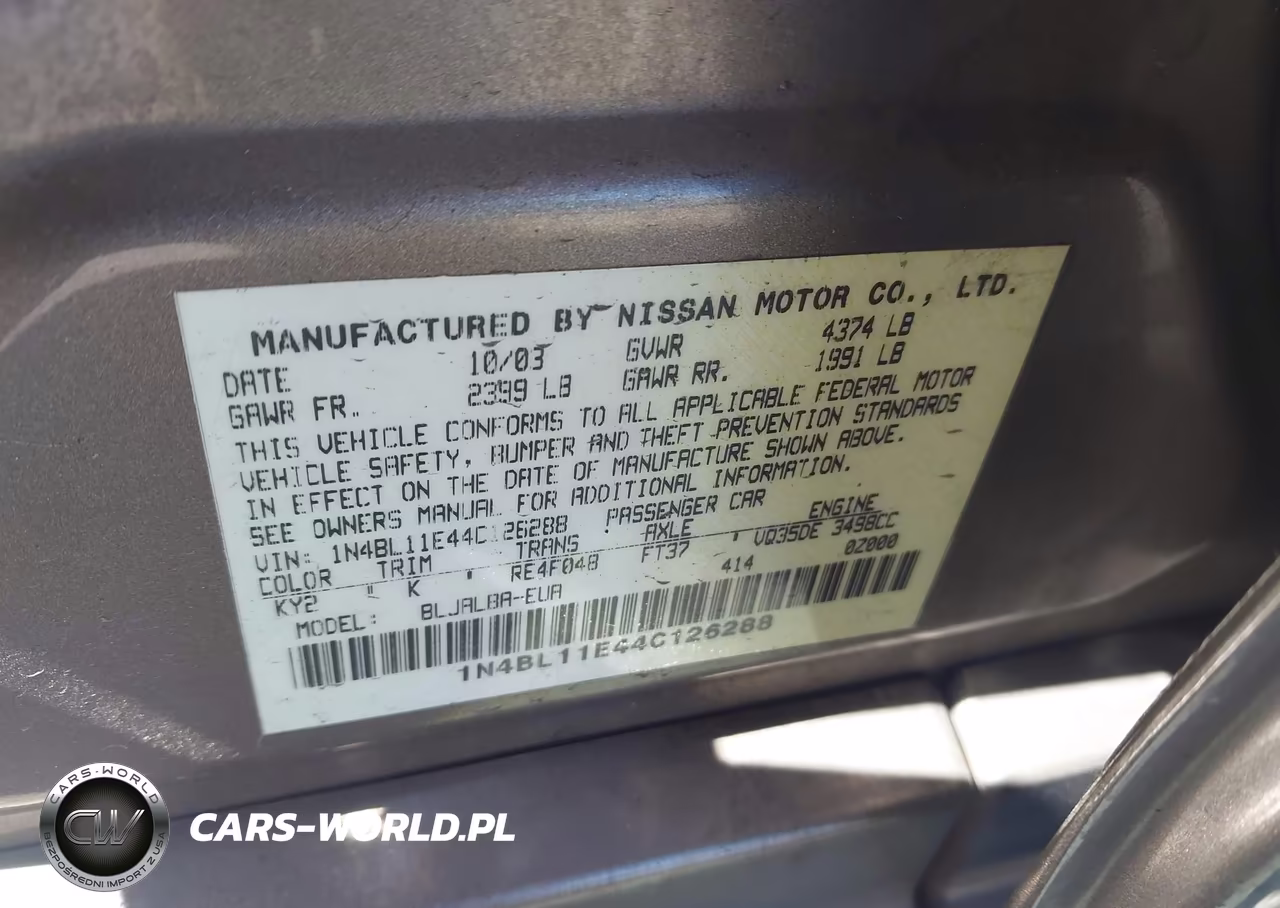 2004 Nissan Altima 3.5 Se VIN:1N4BL11E44C126288 - 9