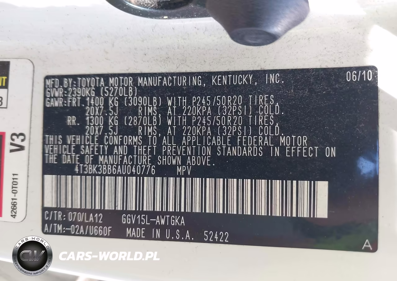 2010 Toyota Venza Base V6 VIN:4T3BK3BB6AU040776 - 9