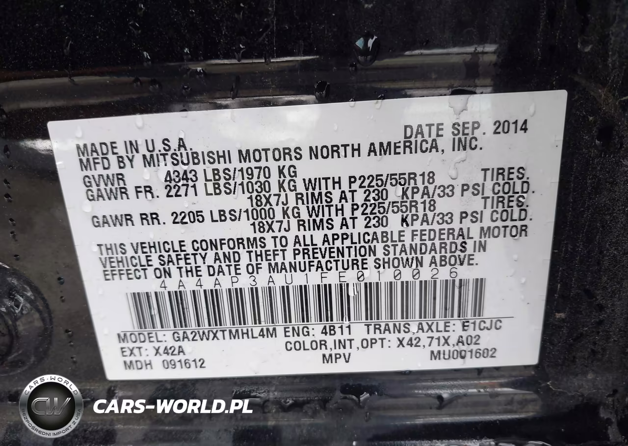 2015 Mitsubishi Outlander Sport Es VIN:4A4AP3AU1FE010026 - 9