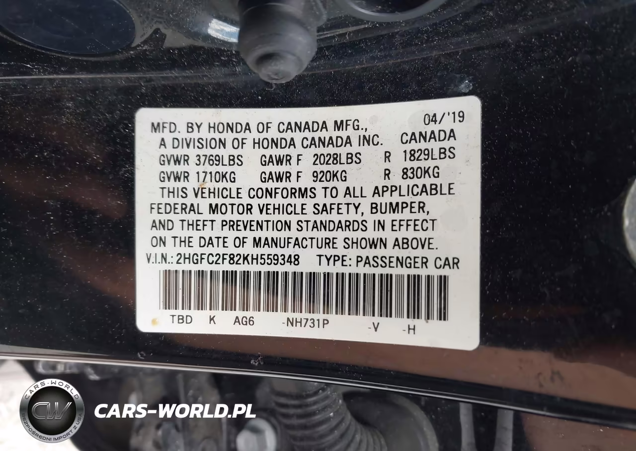 2019 Honda Civic Sport VIN:2HGFC2F82KH559348 - 9