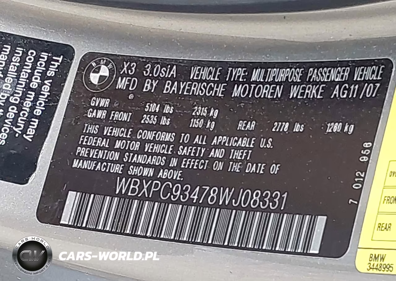 2008 BMW X3 3.0Si VIN:WBXPC93478WJ08331 - 9