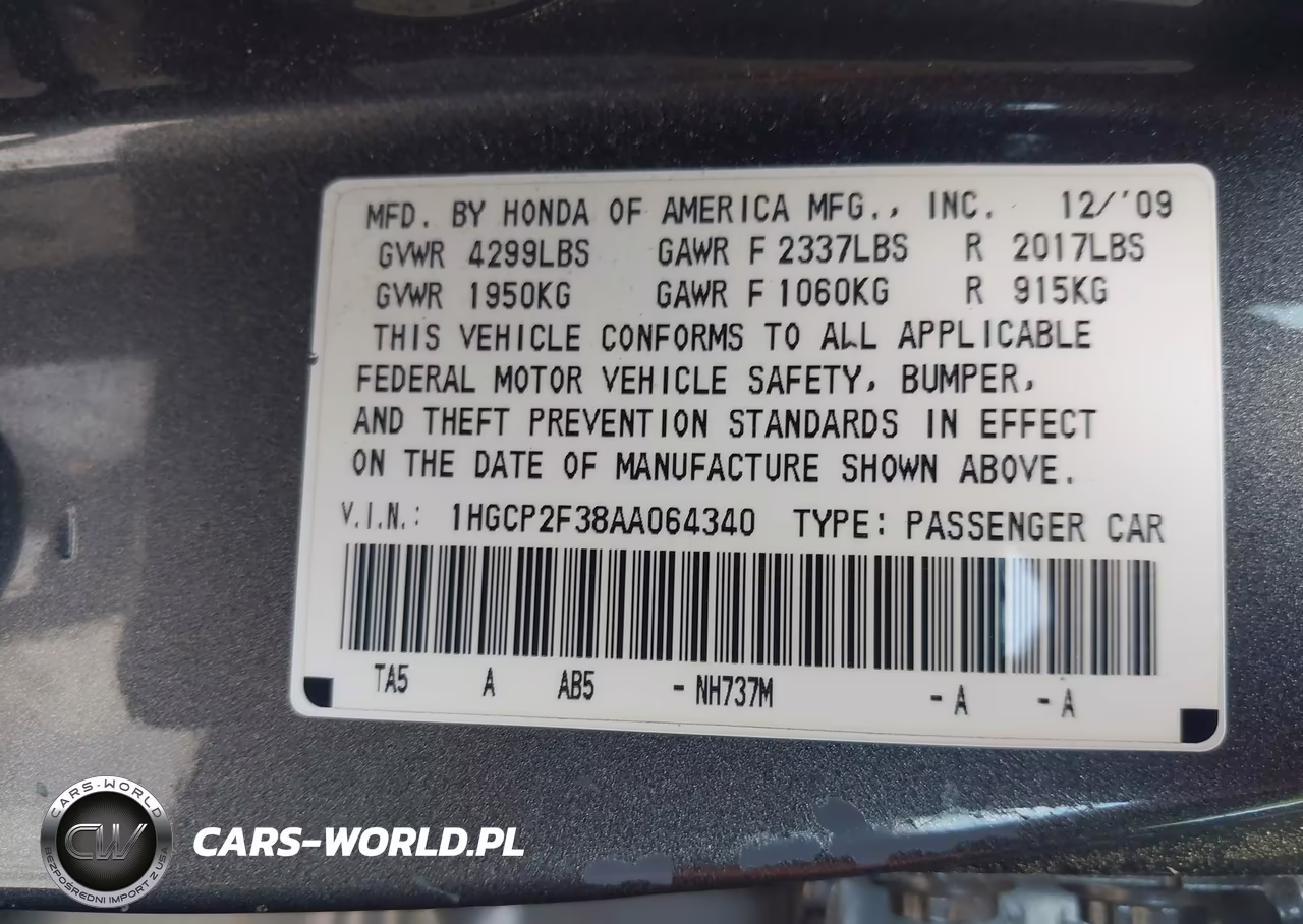 2010 Honda Accord 2.4 Lx VIN:1HGCP2F38AA064340 - 9