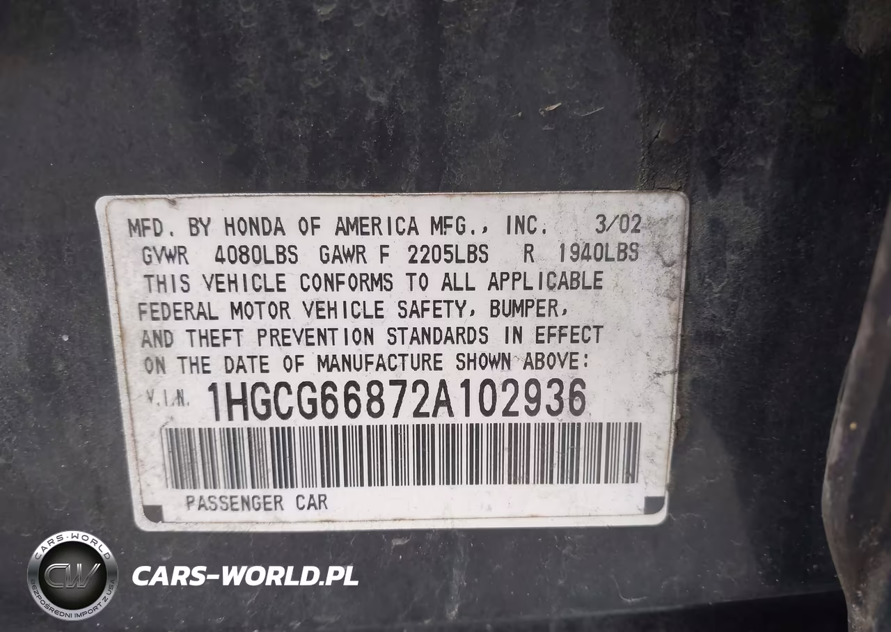 2002 Honda Accord 2.3 Ex-2.3 Se VIN:1HGCG66872A102936 - 9
