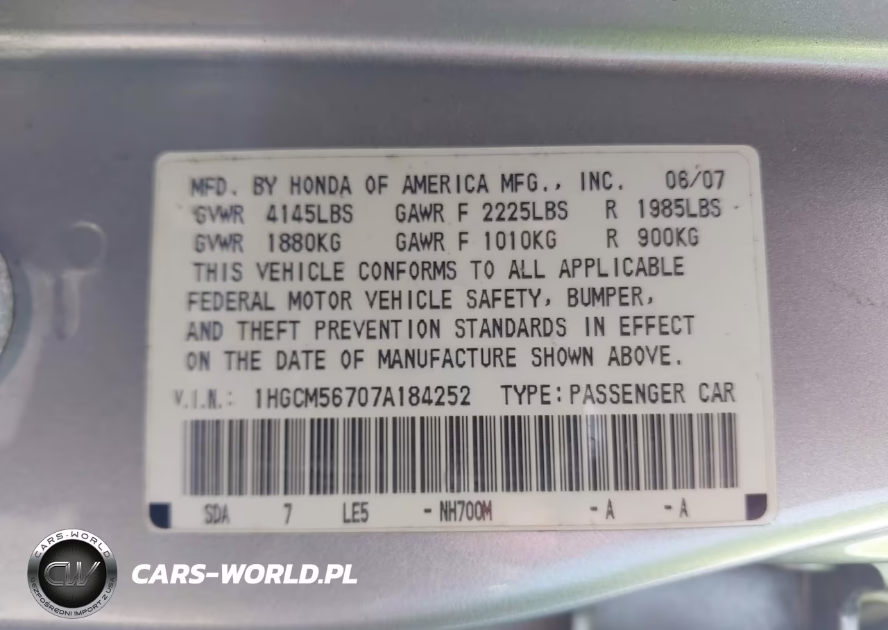 2007 Honda Accord 2.4 Ex VIN:1HGCM56707A184252 - 9