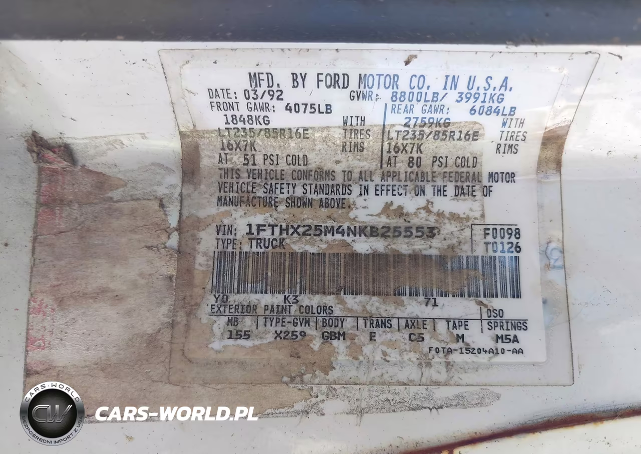1992 Ford F250 VIN:1FTHX25M4NKB25553 - 9