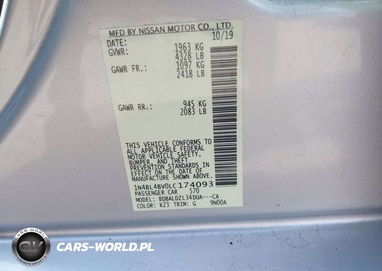 2020 Nissan Altima S Fwd VIN:1N4BL4BV0LC174093 - 9