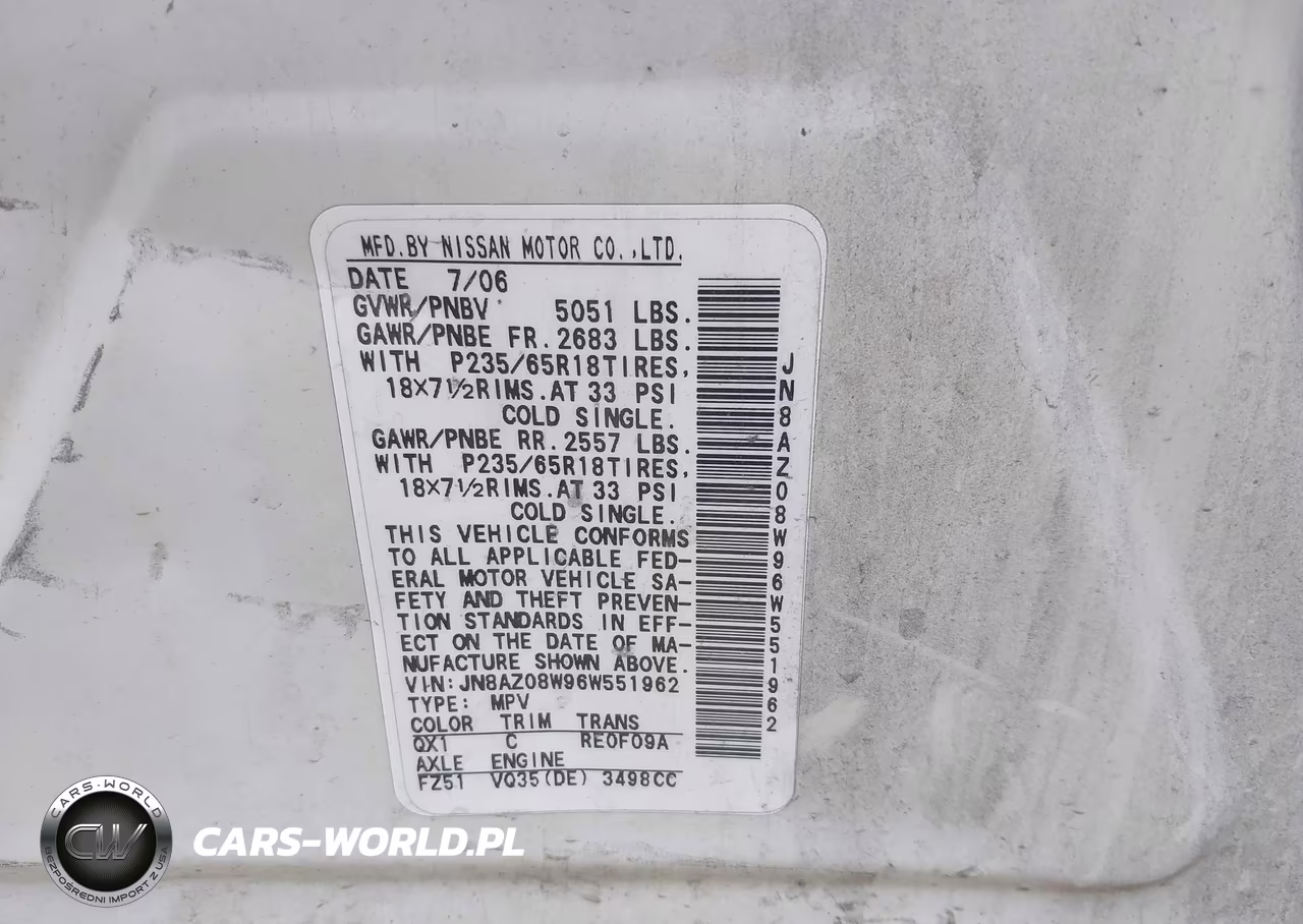 2006 Nissan Murano Sl VIN:JN8AZ08W96W551962 - 9