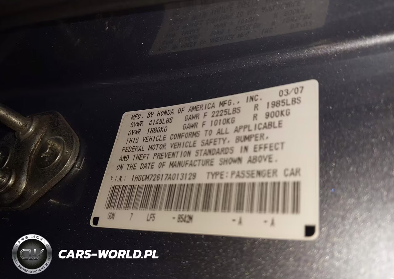 2007 Honda Accord 2.4 Ex VIN:1HGCM72617A013129 - 9