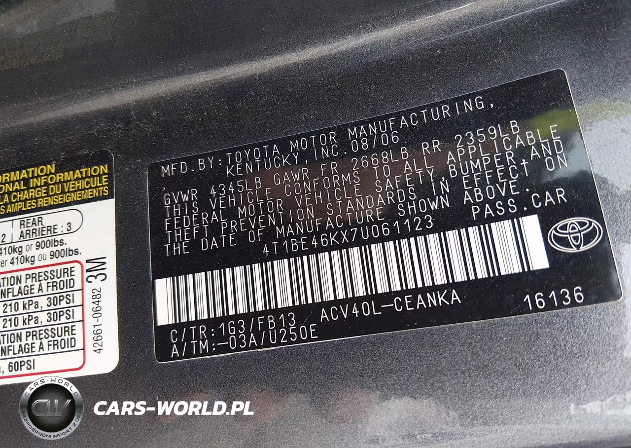 2007 Toyota Camry Le VIN:4T1BE46KX7U061123 - 9