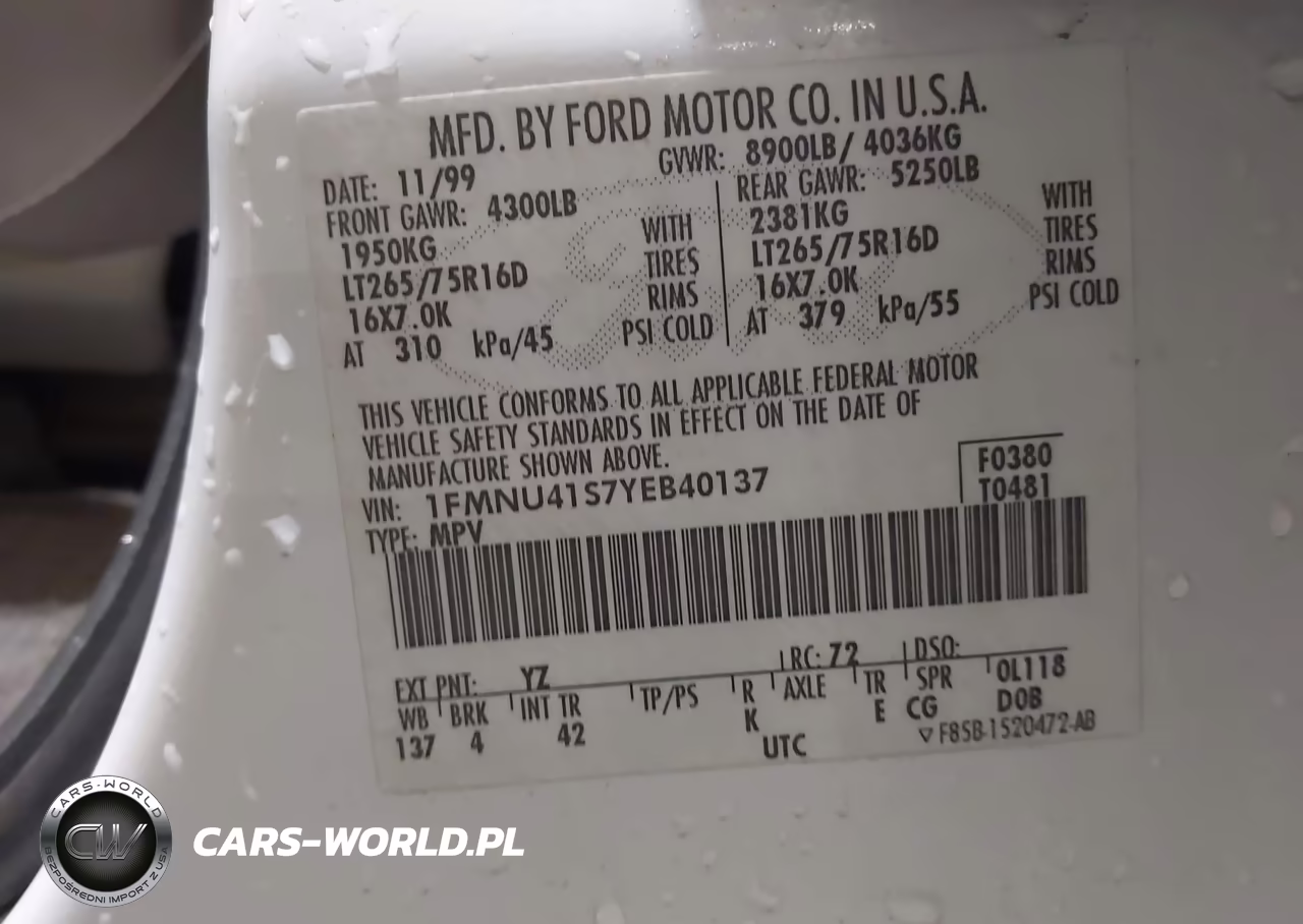 2000 Ford Excursion Xlt VIN:1FMNU41S7YEB40137 - 9