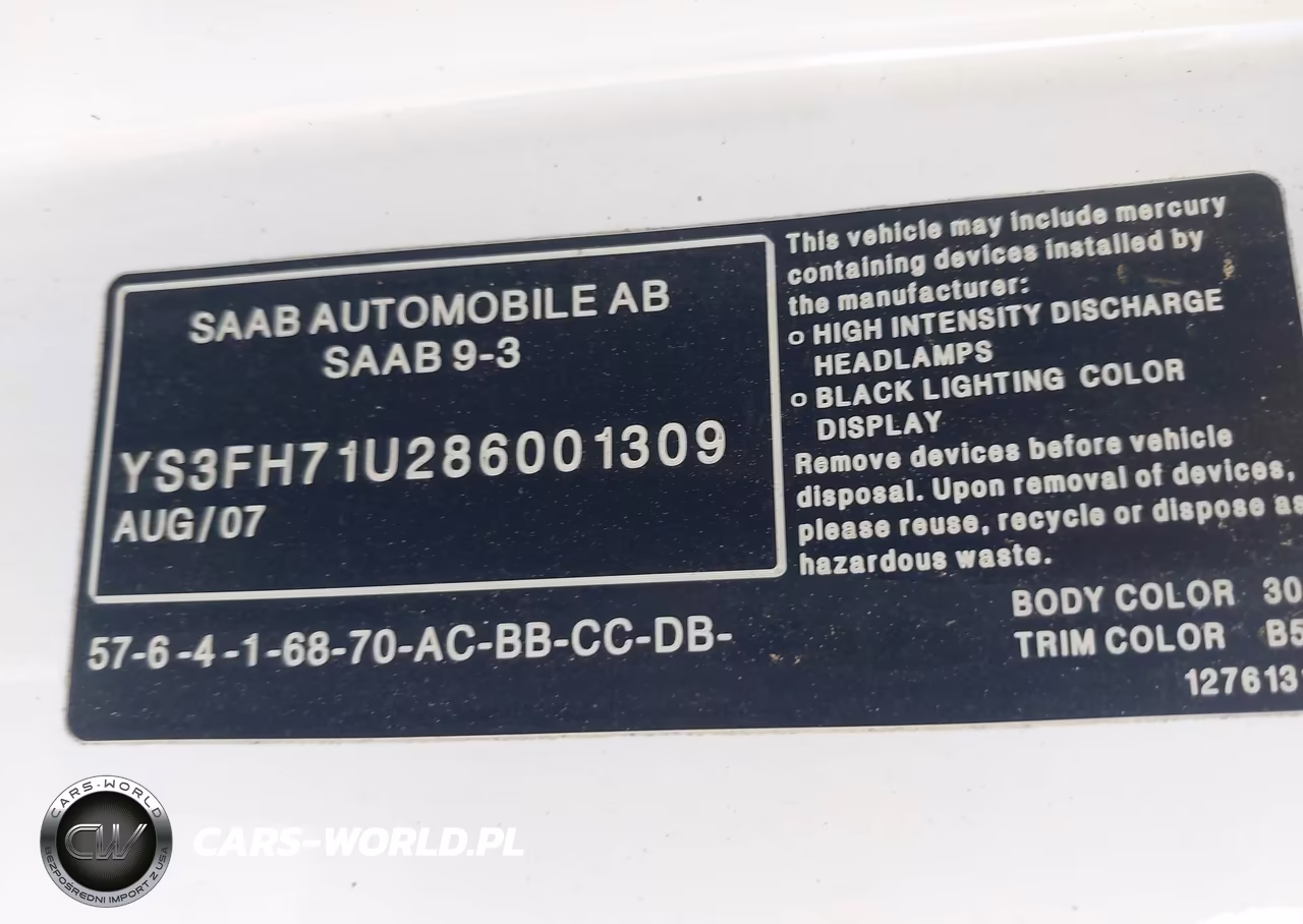 2008 Saab 9-3 Aero VIN:YS3FH71U286001309 - 9