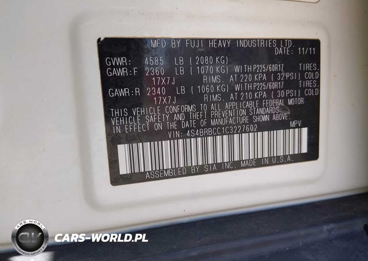 2012 Subaru Outback 2.5I Premium VIN:4S4BRBCC1C3227602 - 9