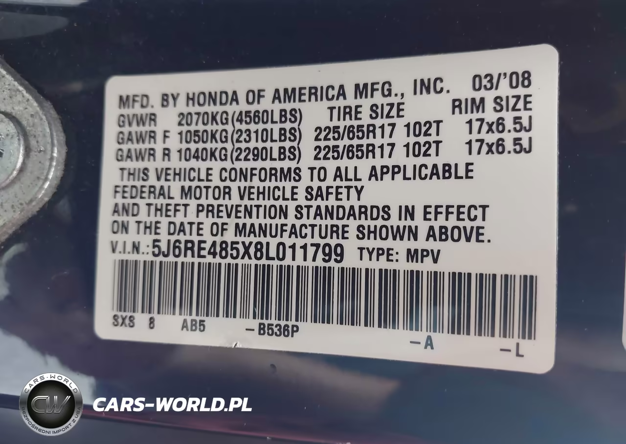 2008 Honda Cr-V Ex VIN:5J6RE485X8L011799 - 9