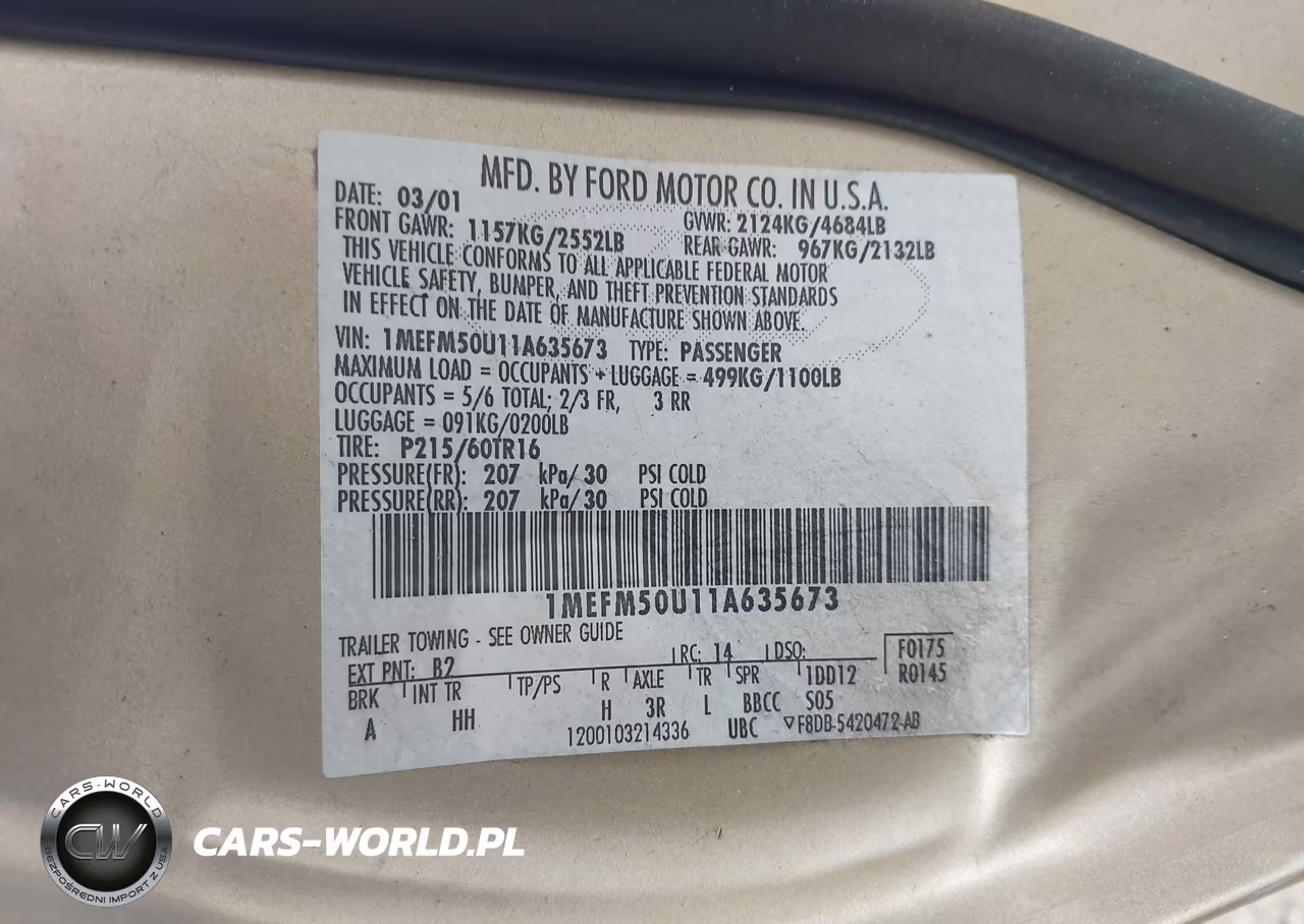 2001 Mercury Sable Gs VIN:1MEFM50U11A635673 - 9
