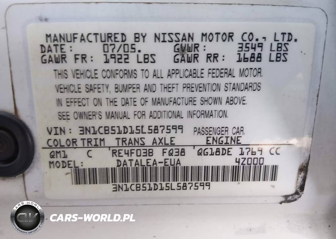 2005 Nissan Sentra 1.8S VIN:3N1CB51D15L587599 - 9
