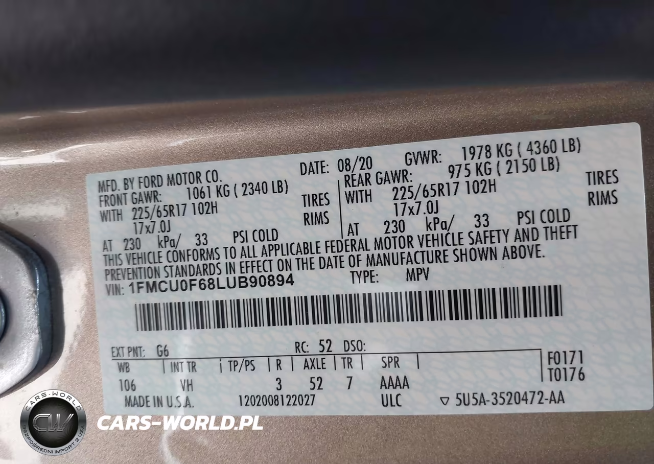 2020 Ford Escape S VIN:1FMCU0F68LUB90894 - 9