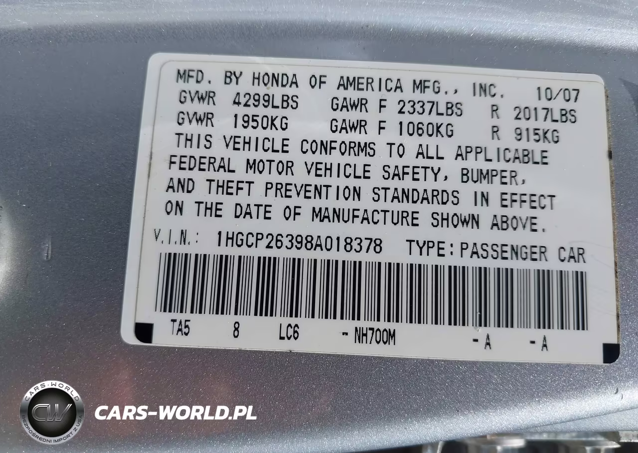 2008 Honda Accord 2.4 Lx VIN:1HGCP26398A018378 - 9