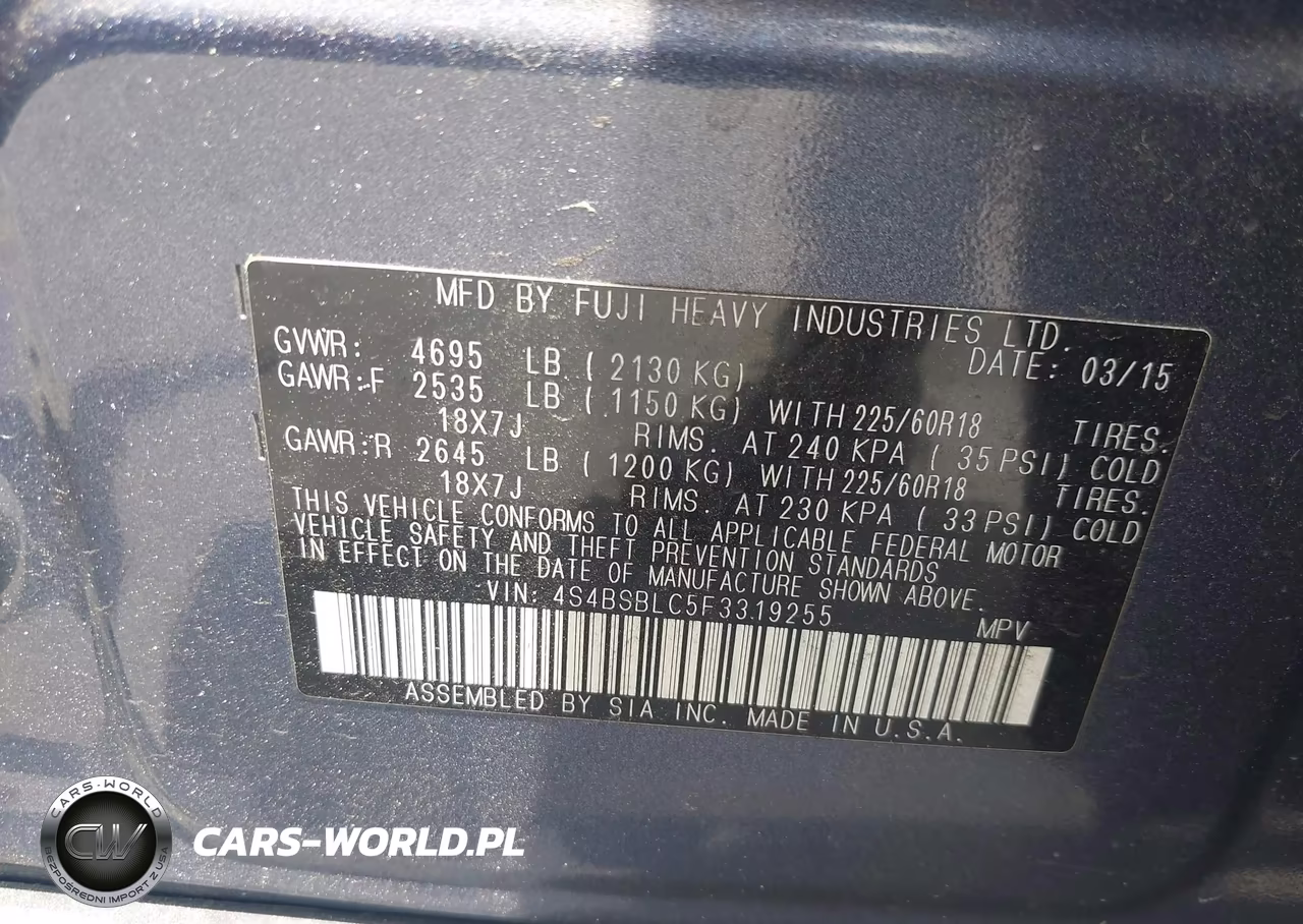 2015 Subaru Outback 2.5I Limited VIN:4S4BSBLC5F3319255 - 9