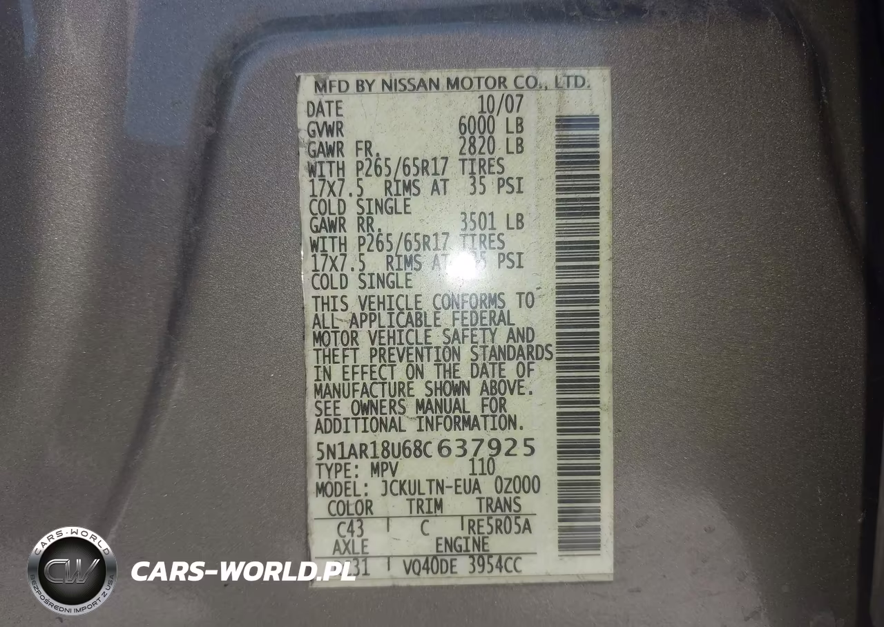 2008 Nissan Pathfinder Se VIN:5N1AR18U68C637925 - 9