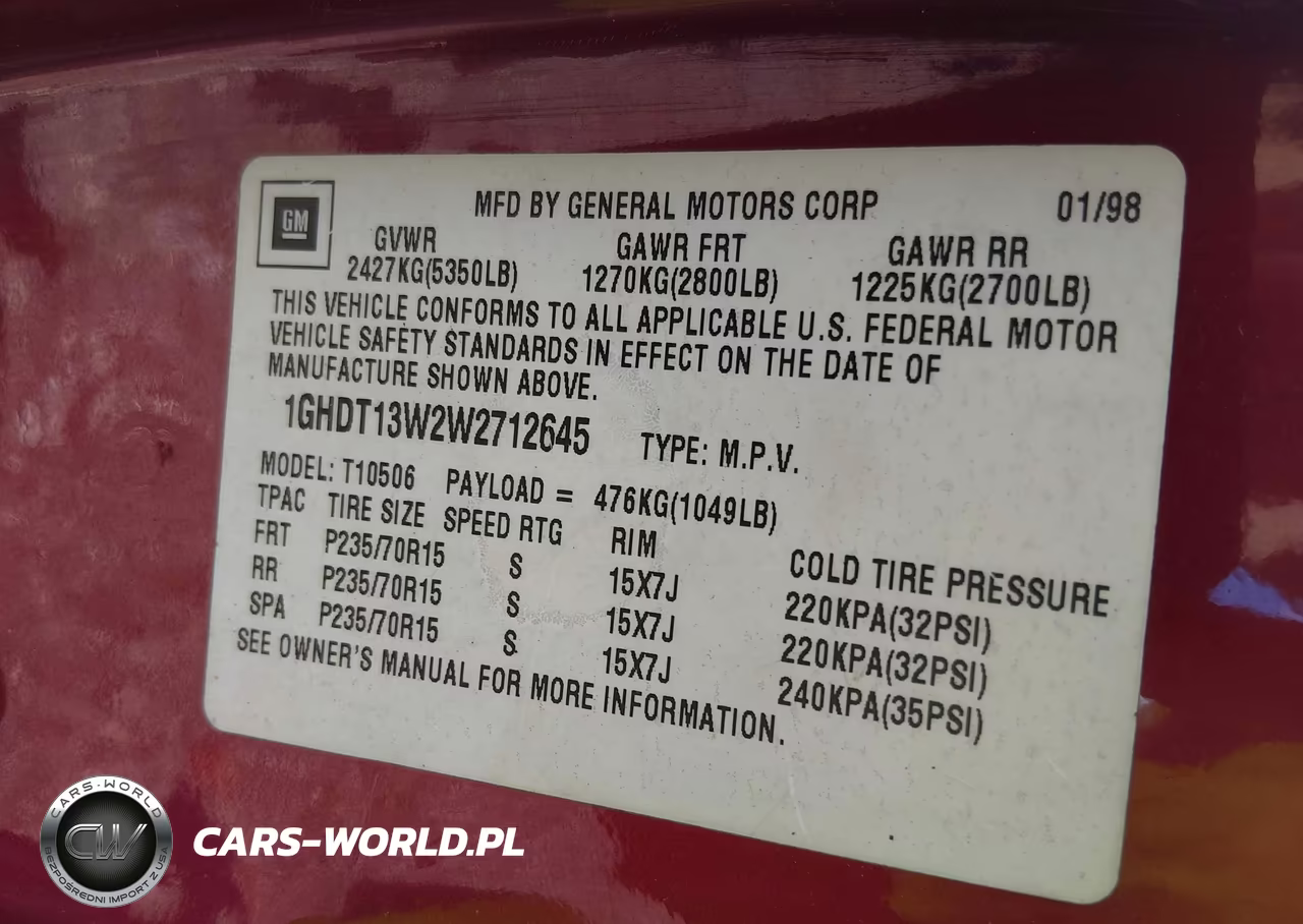 1998 Oldsmobile Bravada VIN:1GHDT13W2W2712645 - 9